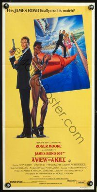 8d980 VIEW TO A KILL Aust daybill '85 art of Roger Moore James Bond & Grace Jones by Goozee!