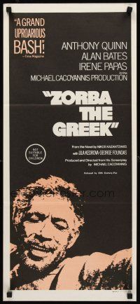8d999 ZORBA THE GREEK Aust daybill '67 directed by Michael Cacoyannis, Anthony Quinn close-up!