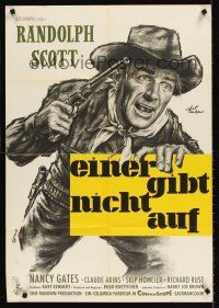 8d120 COMANCHE STATION German '60 Randolph Scott with gun crouching for cover, Budd Boetticher