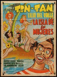 8d057 LA ISLA DE LAS MUJERES Mexican poster '53 art of Tin-Tan on island with sexy babes by Urzaiz!