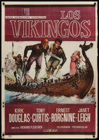8d032 VIKINGS Spanish R73 art of Kirk Douglas, Tony Curtis & sexy Janet Leigh on long ship!