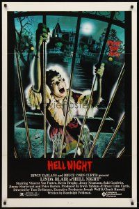 8e319 HELL NIGHT 1sh '81 artwork of Linda Blair trying to escape haunted house by Jarvis!