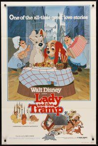 8e402 LADY & THE TRAMP 1sh R80 Walt Disney most romantic image from canine dog classic!
