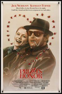 8e576 PRIZZI'S HONOR 1sh '85 cool art of smoking Jack Nicholson & Kathleen Turner w/bullet holes!