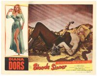 8f375 BLONDE SINNER LC '56 sexy bad Diana Dors full-length laying on tiger skin dialing phone!