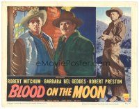 8f377 BLOOD ON THE MOON LC #6 '49 close up of tough cowboys Robert Preston & Robert Mitchum!