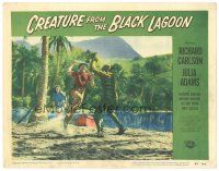 8f279 CREATURE FROM THE BLACK LAGOON LC #7 '54 Julia Adams watches Gozier attack monster on beach!