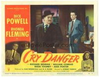 8f433 CRY DANGER LC #4 '51 close up of Dick Powell holding gun on dapper William Conrad's back!