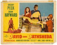 8f440 DAVID & BATHSHEBA LC #6 '51 close up of Gregory Peck & Susan Hayward riding in chariot!