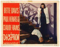8f446 DECEPTION LC #6 '46 shocked Bette Davis looks at body of dead Claude Rains on stairs!