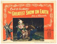 8f535 GREATEST SHOW ON EARTH LC #8 '52 Charlton Heston & clown James Stewart help Cornel Wilde!