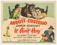 8f222 IT AIN'T HAY TC '43 wacky art of Bud Abbott & Lou Costello in bed with horse!