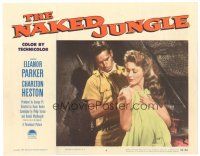 8f677 NAKED JUNGLE LC #4 '54 Charlton Heston helps sexy Eleanor Parker get dressed, George Pal