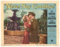8f681 NEVER SAY GOODBYE LC #7 '56 close up of Rock Hudson kissing Miss Cornell Borchers goodbye!