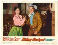 8f764 RIDING SHOTGUN LC #1 '54 pretty Joan Weldon tries to stop angry cowboy Randolph Scott!