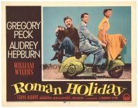 8f777 ROMAN HOLIDAY LC #1 '53 Audrey Hepburn, Gregory Peck & Eddie Albert all riding on Vespa!