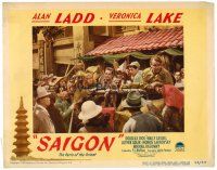 8f789 SAIGON LC #8 '48 Alan Ladd & sexy Veronica Lake being transported in open cart!