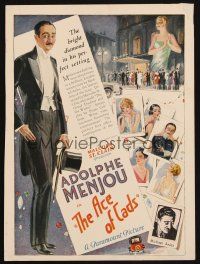 8g054 ACE OF CADS campaign book page '26 artwork of dapper Adolphe Menjou w/top hat & cane!