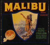 8g250 MALIBU BRAND VALENCIA ORANGES orange crate label '30s artwork of Native American