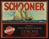 8g245 SCHOONER BRAND LEMONS lemon crate label '40s art of ship at sea!