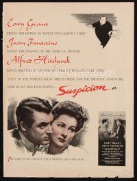 8g621 SUSPICION magazine ad '41 Cary Grant, pretty Joan Fontaine, Hirschfeld art of Hitchcock!