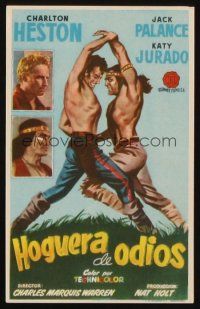 8g713 ARROWHEAD Spanish herald '53 art of Charlton Heston fighting Native American Jack Palance!