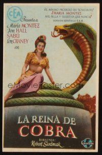 8g738 COBRA WOMAN Spanish herald '44 Jon Hall, Sabu, sexy Maria Montez on giant snake statue!