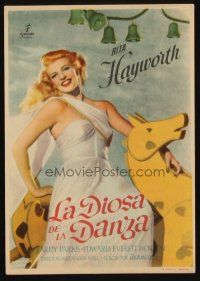 8g755 DOWN TO EARTH Spanish herald '49 different image of beautiful Rita Hayworth on toy horse!