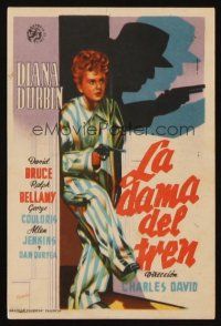8g816 LADY ON A TRAIN Spanish herald '47 detective Deanna Durbin in pajamas with gun on a manhunt!