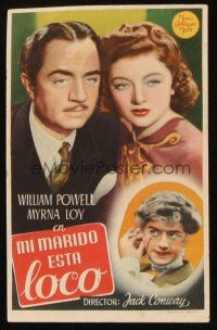 8g826 LOVE CRAZY Spanish herald '46 great close up of William Powell & pretty Myrna Loy!