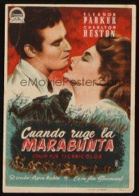 8g855 NAKED JUNGLE Spanish herald '54 romantic art of Charlton Heston & Eleanor Parker, George Pal