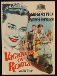8g894 ROMAN HOLIDAY Spanish herald R1950s Audrey Hepburn & Gregory Peck riding on Vespa!