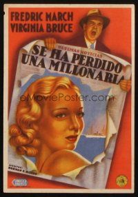 8g946 THERE GOES MY HEART Spanish herald '39 different art of Fredric March & Virginia Bruce!