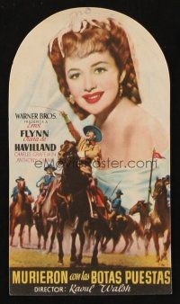 8g947 THEY DIED WITH THEIR BOOTS ON die-cut Spanish herald '47 Errol Flynn & Olivia De Havilland!