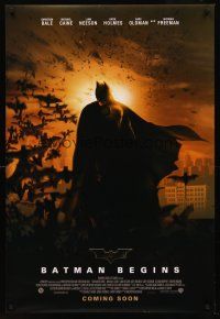 8h061 BATMAN BEGINS coming soon advance DS 1sh '05 Christian Bale as the Caped Crusader!