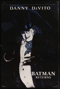8h068 BATMAN RETURNS teaser 1sh '92 close-up of Danny DeVito as the Penguin, Tim Burton!