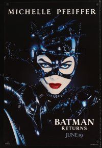 8h069 BATMAN RETURNS teaser 1sh '92 sexy Michelle Pfeiffer as Catwoman, Tim Burton!