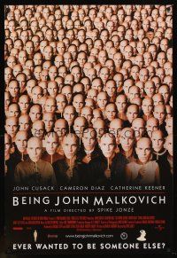 8h078 BEING JOHN MALKOVICH int'l 1sh '99 Spike Jonze, wacky image of lots of Malkovich masks!