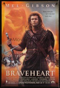 8h108 BRAVEHEART advance 1sh '95 cool image of Mel Gibson as William Wallace!