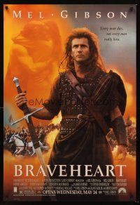 8h109 BRAVEHEART advance DS 1sh '95 cool image of Mel Gibson as William Wallace!