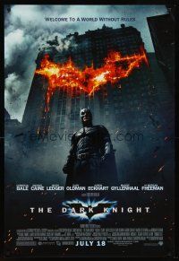 8h172 DARK KNIGHT advance DS 1sh '08 Christian Bale as Batman in front of flaming building!