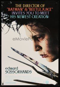 8h218 EDWARD SCISSORHANDS 1sh '90 Tim Burton classic, best close up of scarred Johnny Depp!