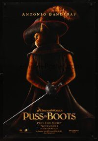 8h565 PUSS IN BOOTS teaser DS 1sh '11 voice of Antonio Banderas in title role, image of cat!