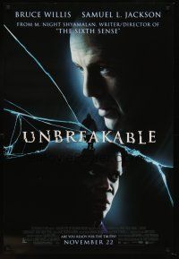 8h742 UNBREAKABLE advance DS 1sh '00 M. Night Shyamalan directed, Bruce Willis, Samuel L. Jackson!