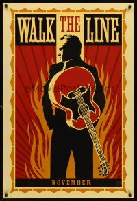 8h760 WALK THE LINE style A teaser DS 1sh '05 cool artwork of Joaquin Phoenix as Johnny Cash!