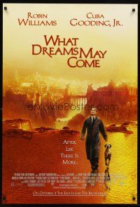 8h773 WHAT DREAMS MAY COME advance 1sh '98 Robin Williams walks w/dog in the afterlife!