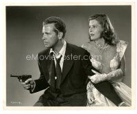 8j199 CORNERED 8x10 still '46 cool image of Dick Powell w/gun & Micheline Cheirel!