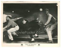 8j360 FUNNY FACE FrenchUS 8x10 still '57 Audrey Hepburn crouching between two guys on stage!