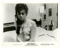 8j428 HIGH INFIDELITY 8x10 still '65 close up of sad sexy Michele Mercier in nightgown!