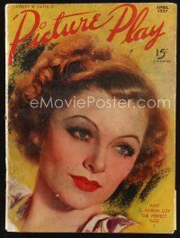 8m098 PICTURE PLAY magazine April 1937 great artwork of beautiful Myrna Loy by Marland Stone!